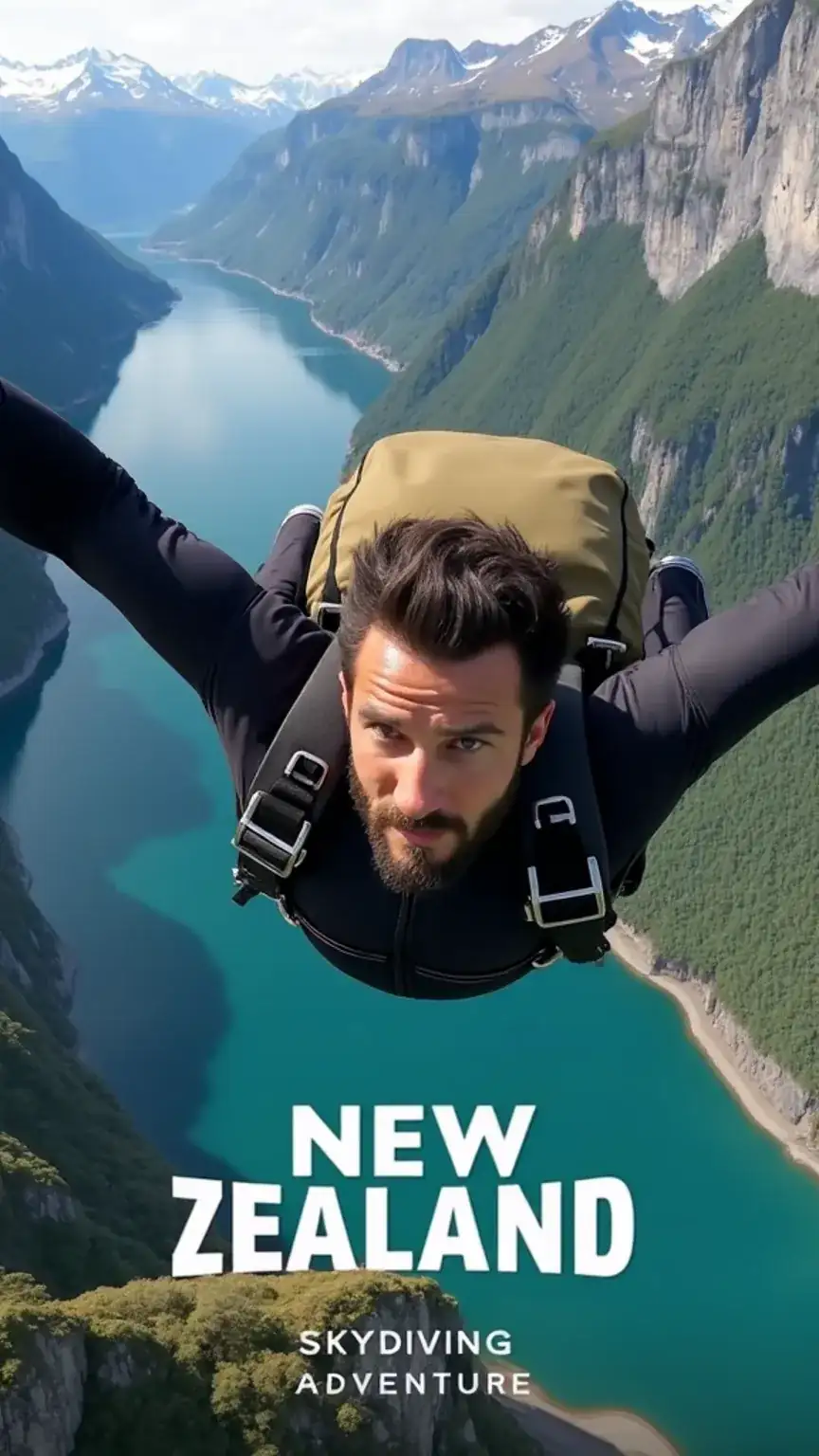 Man skydiving over New Zealand's majestic landscape, best travel destinations for men, adventure travel New Zealand, skydiving, explore New Zealand.