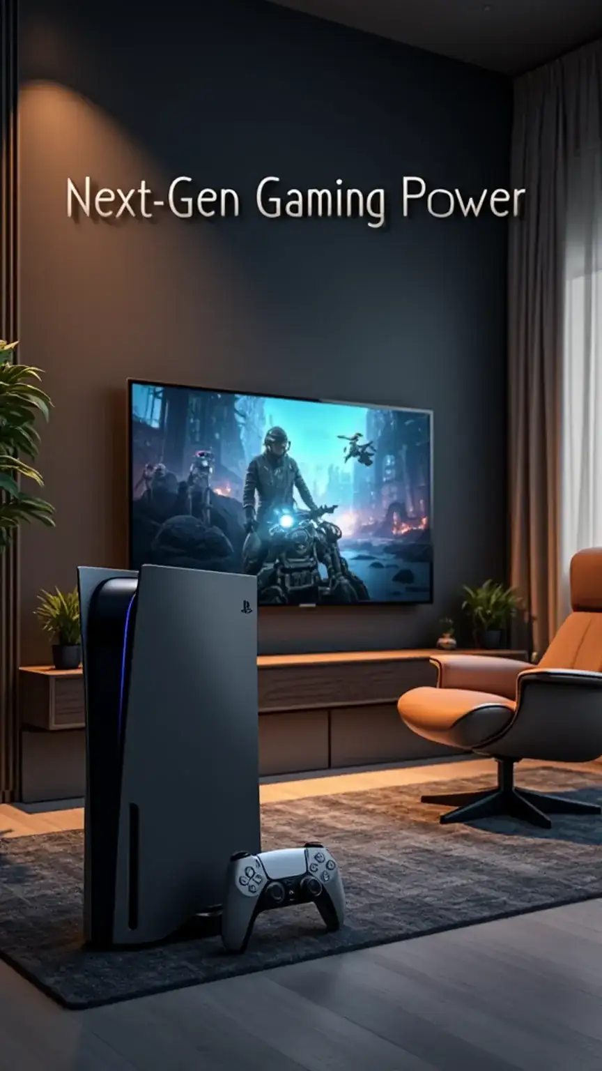 PlayStation 5 gaming console in a modern man cave. High-quality gaming setup for immersive experiences and competitive play. Top man cave tech for gamers.