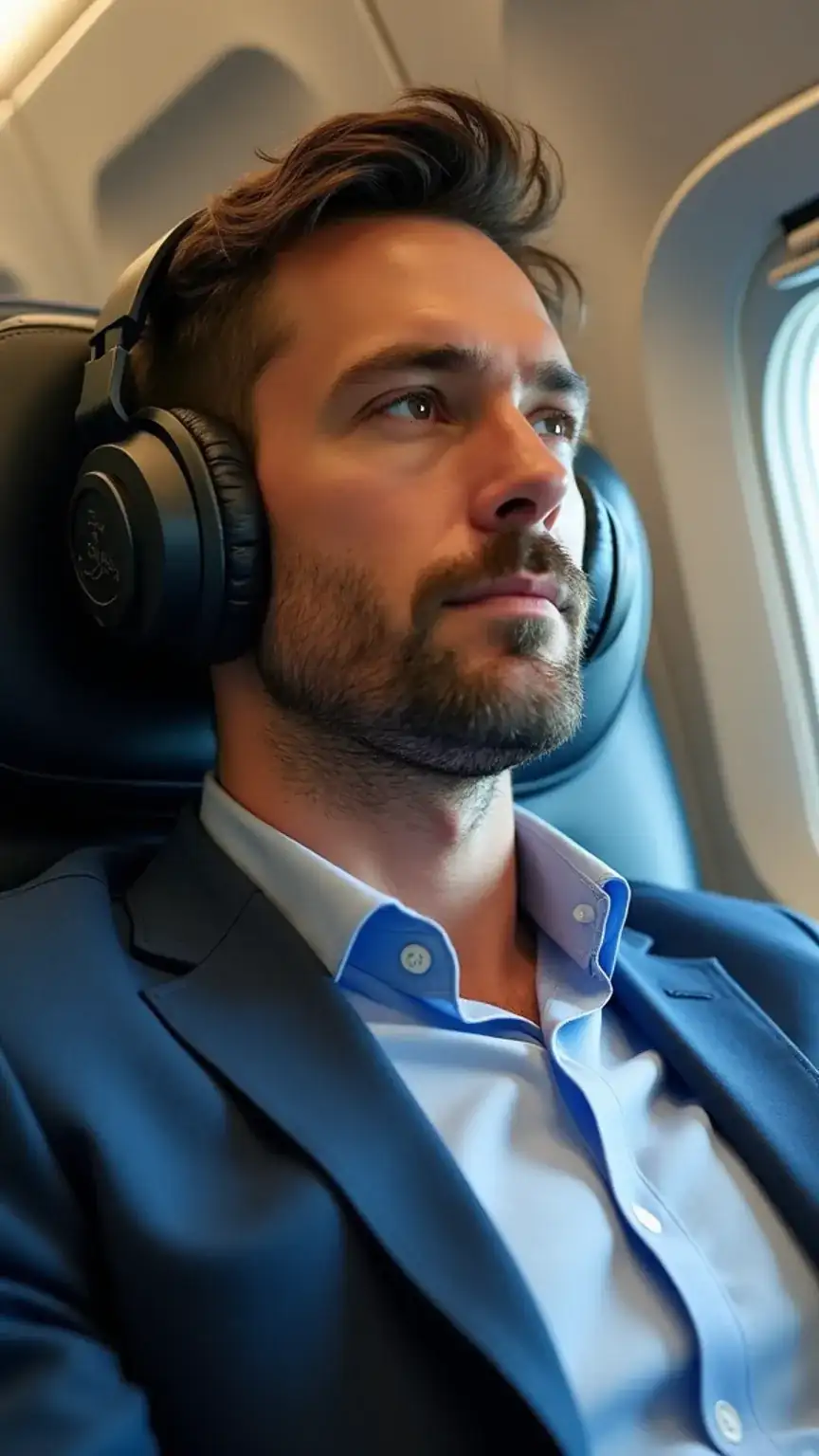 Man wearing noise-cancelling headphones during travel, a crucial accessory for comfort and peace on planes and trains.