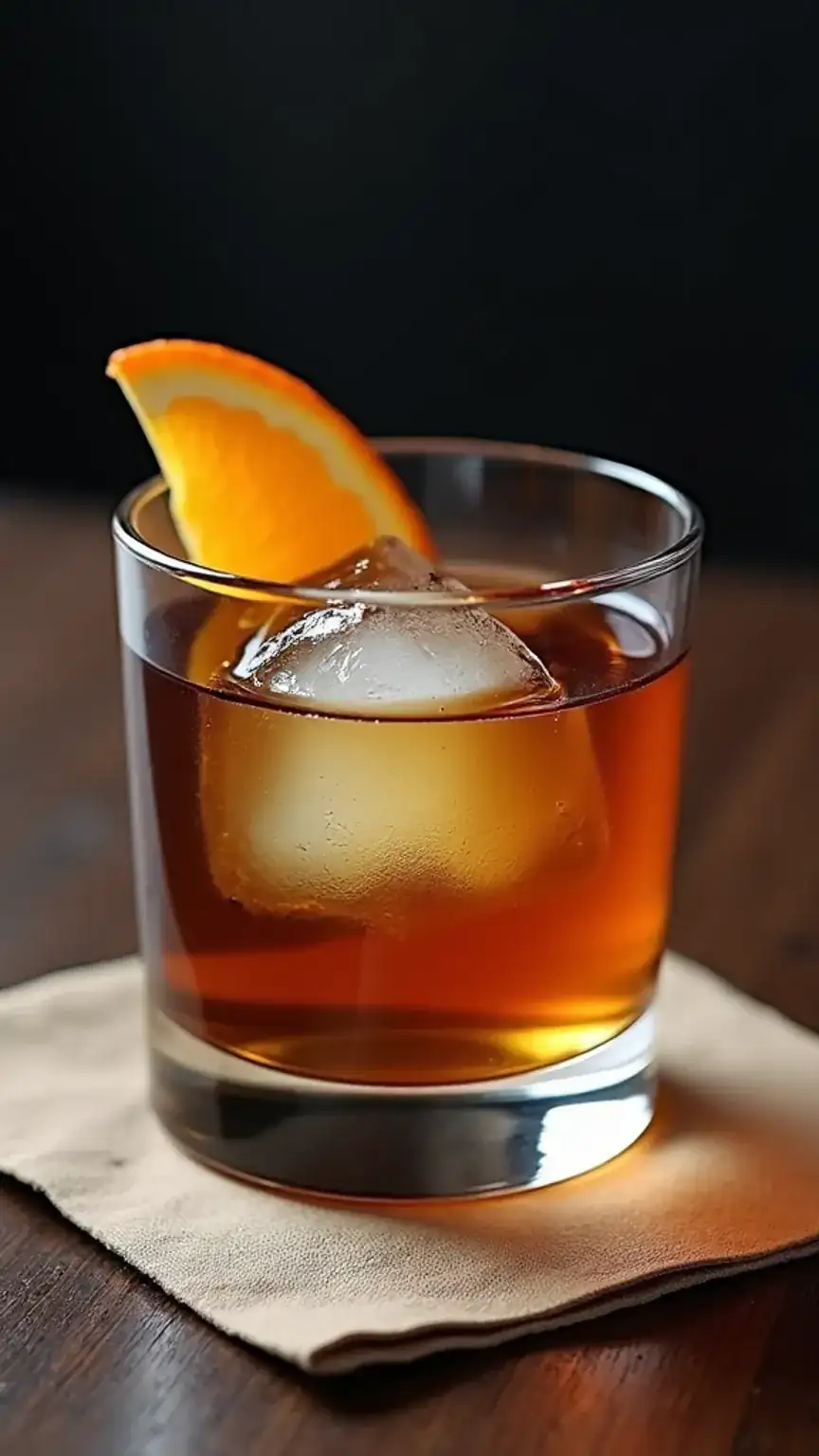 Classic Old Fashioned whiskey cocktail, a top whiskey drink for home bartending, showcasing its rich amber color and citrus garnish.