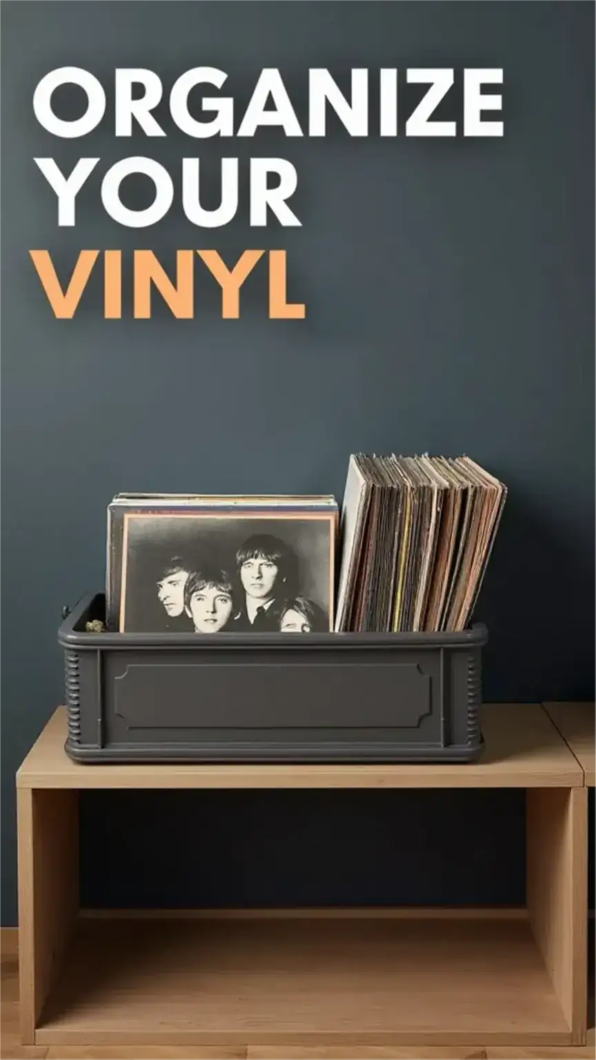 How to store and display vinyl records, featuring a record crate and shelf for organizing a music collection.