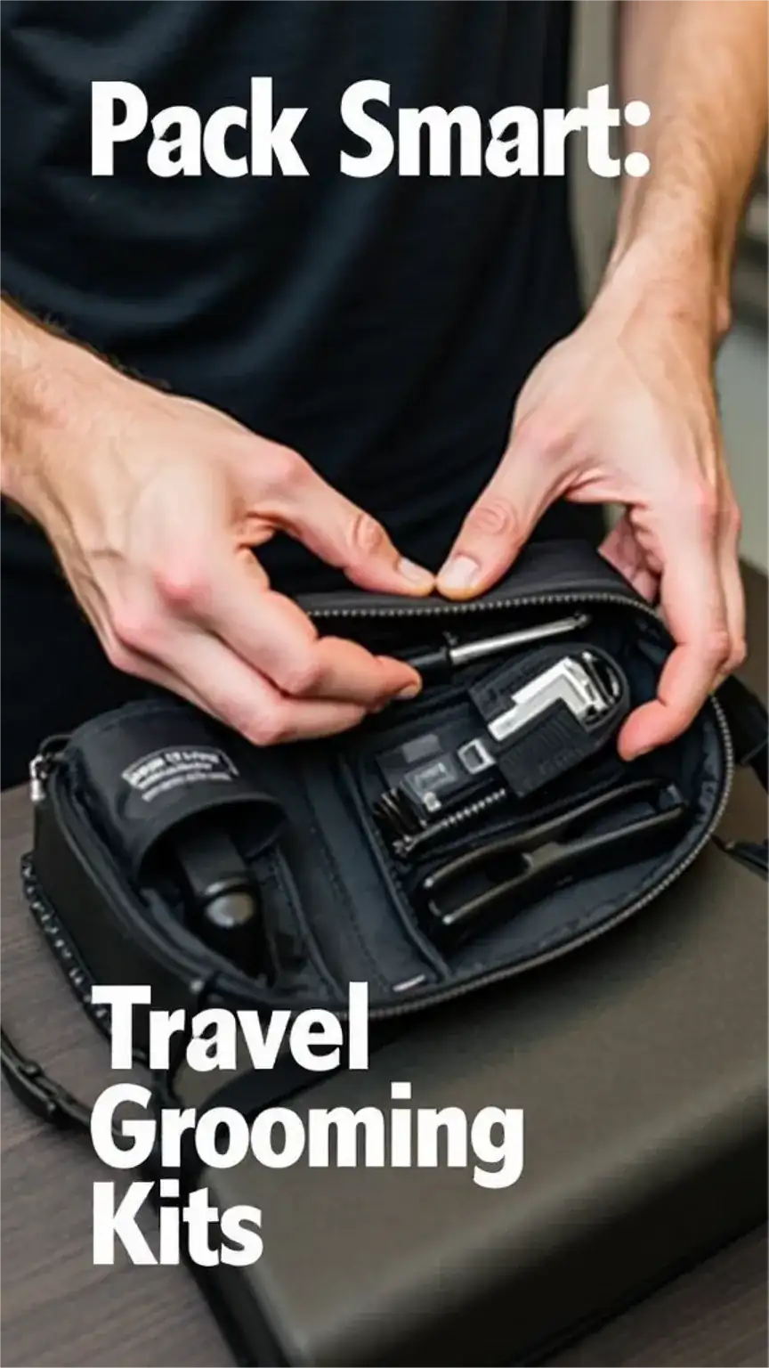 Man packing a travel grooming kit into a bag, demonstrating how to organize grooming essentials for trips. Includes razors, trimmers, and combs for men's grooming on the go.