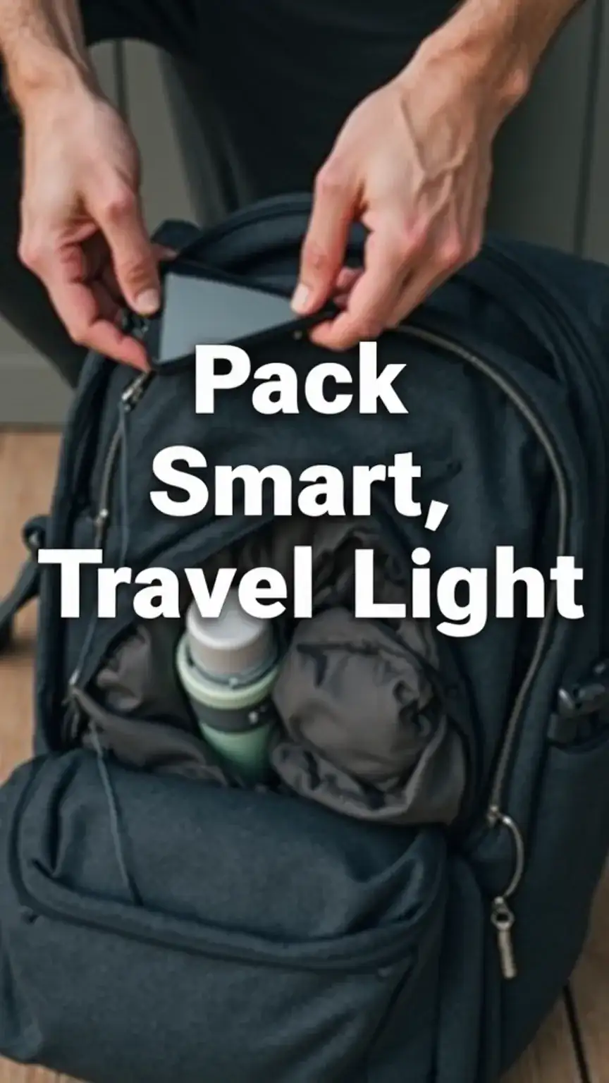 Packing smart for weekend escape, men's travel tips, lightweight backpack, portable charger, water bottle, short getaway planning.