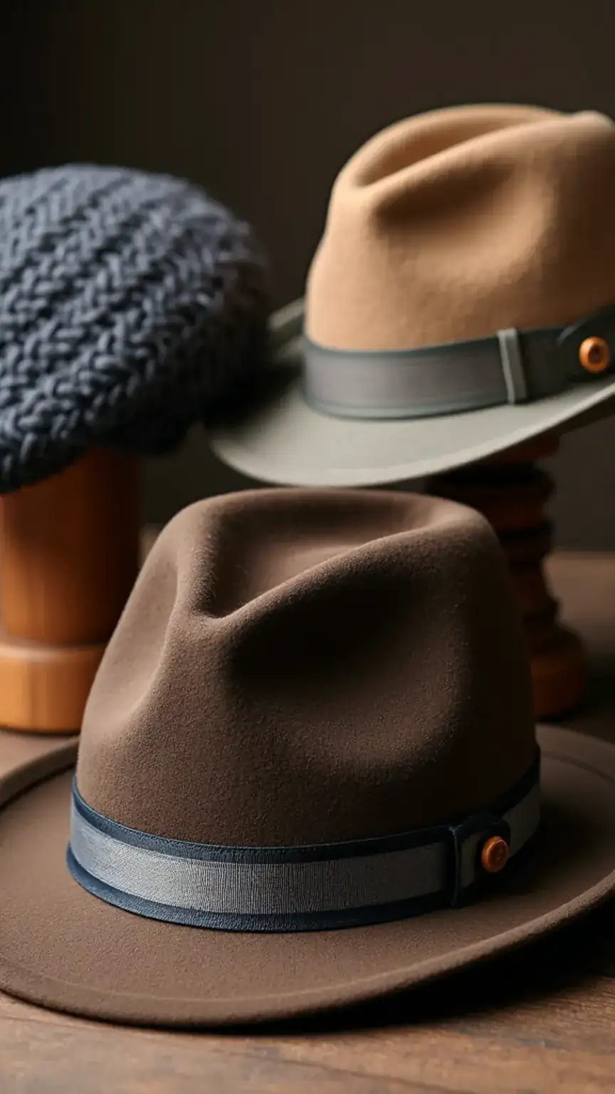 Variety of men's fall hats: wool fedora, newsboy cap, knit beanie. Essential fall accessories men, autumn headwear, stylish men's hats.