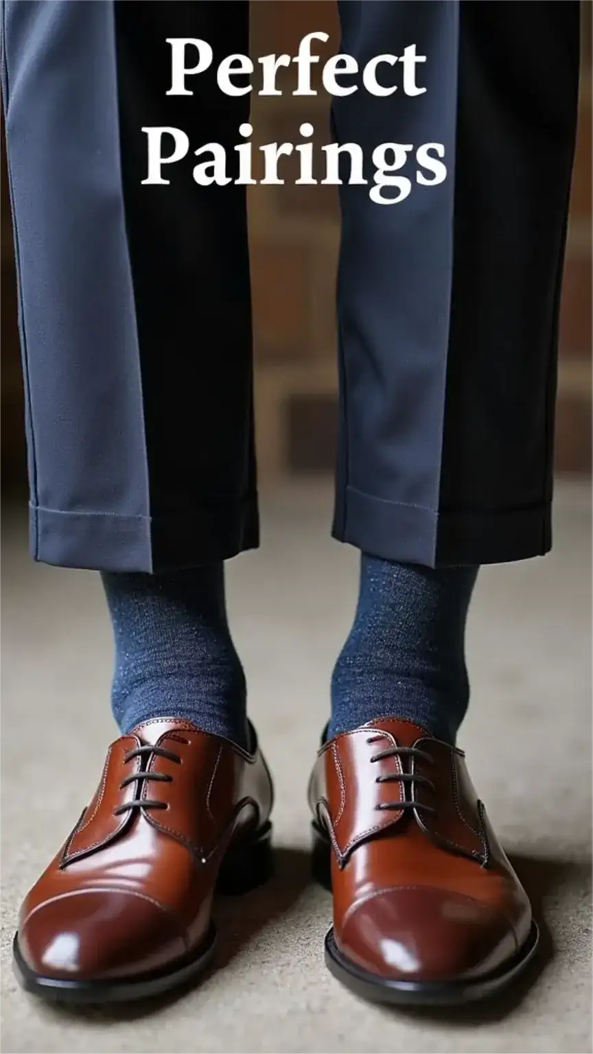 Man's legs with dress pants, dress socks, and dress shoes, matching socks to outfit, sock styling for men, dress sock tips.