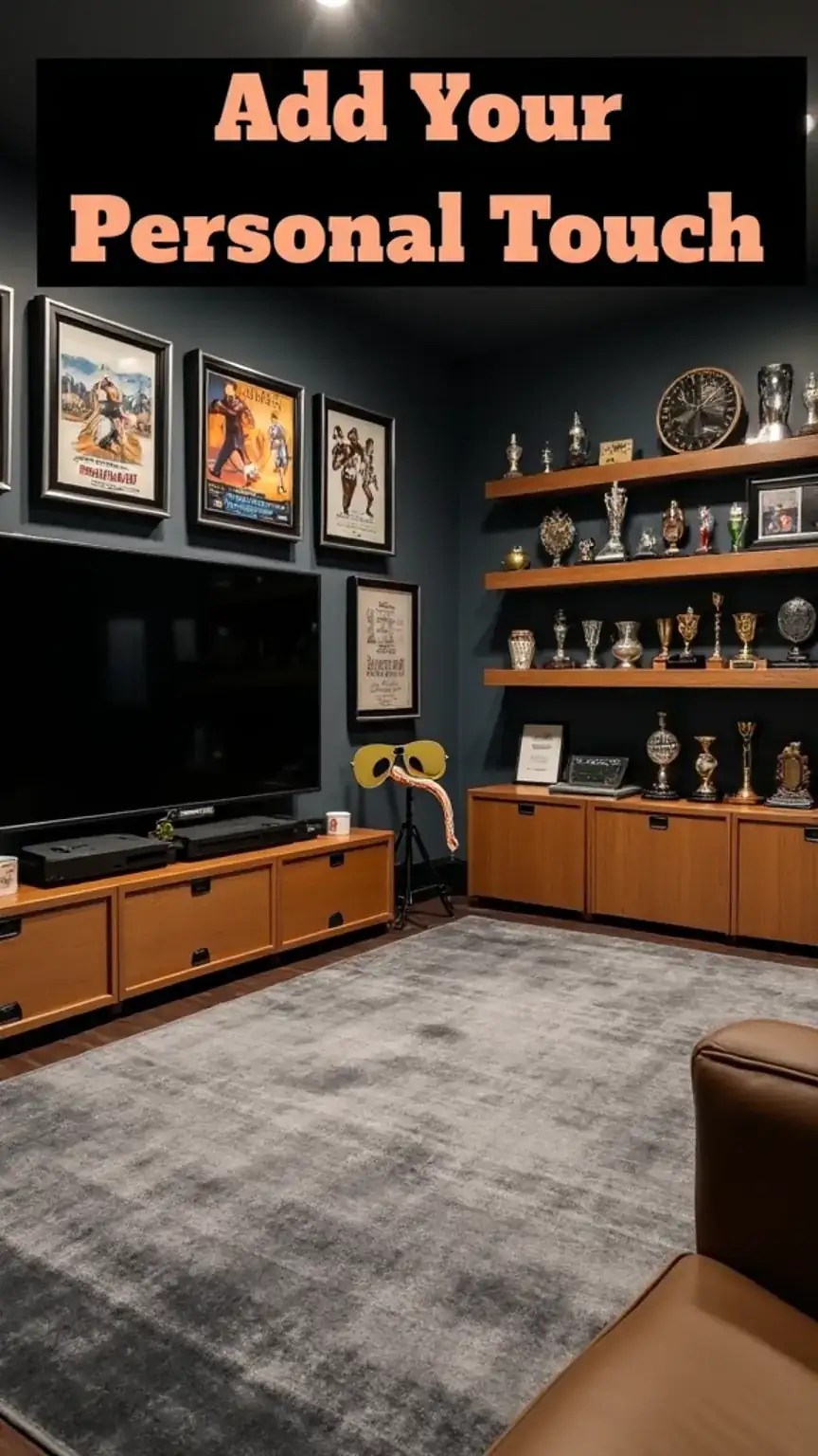 Personalizing a man cave game room with artwork, trophies, and fun photo booth props for a unique space.
