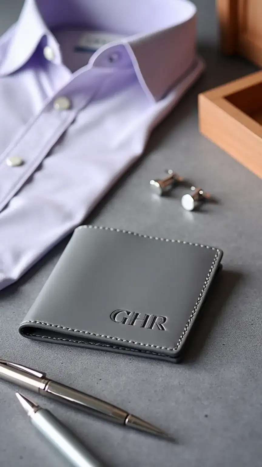 Personalized masculine gifts like a leather wallet with initials, showing custom birthday gifts for men, engraved gifts, thoughtful presents.