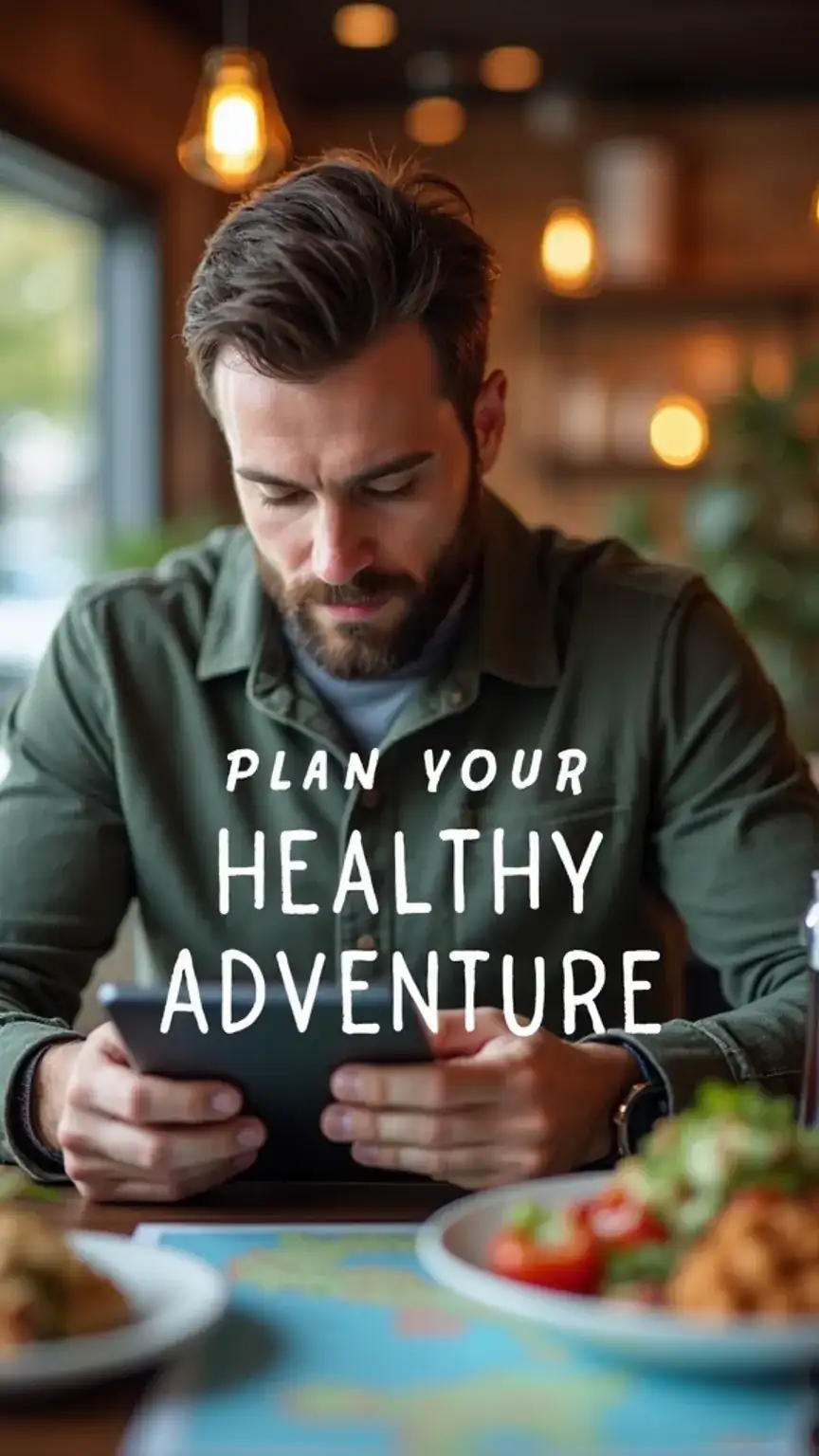 Man planning a healthy trip using a tablet and map, showing travel fitness planning. Travel health tips, staying fit while traveling.