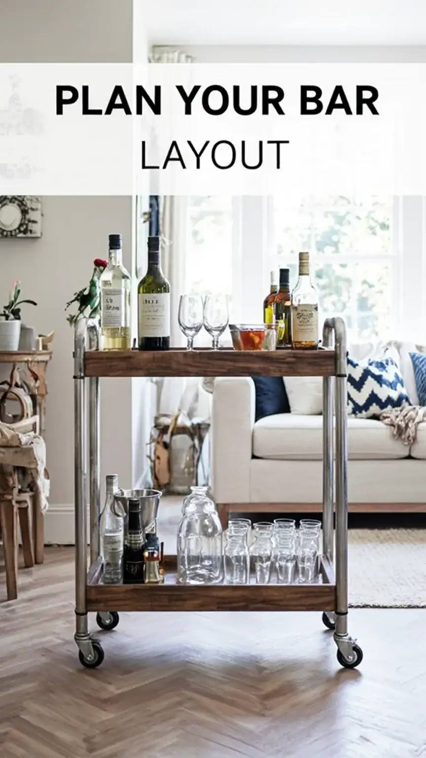 Setting up a DIY home bar cart, planning the layout for entertaining, masculine bar cart in a living room, home entertaining setup.