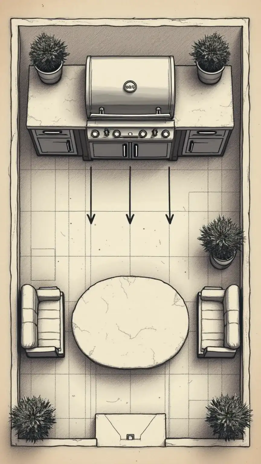 Planning the layout of a BBQ area: blueprint sketch with grill, counter, and seating. Outdoor cooking space design, patio layout, BBQ setup flow.