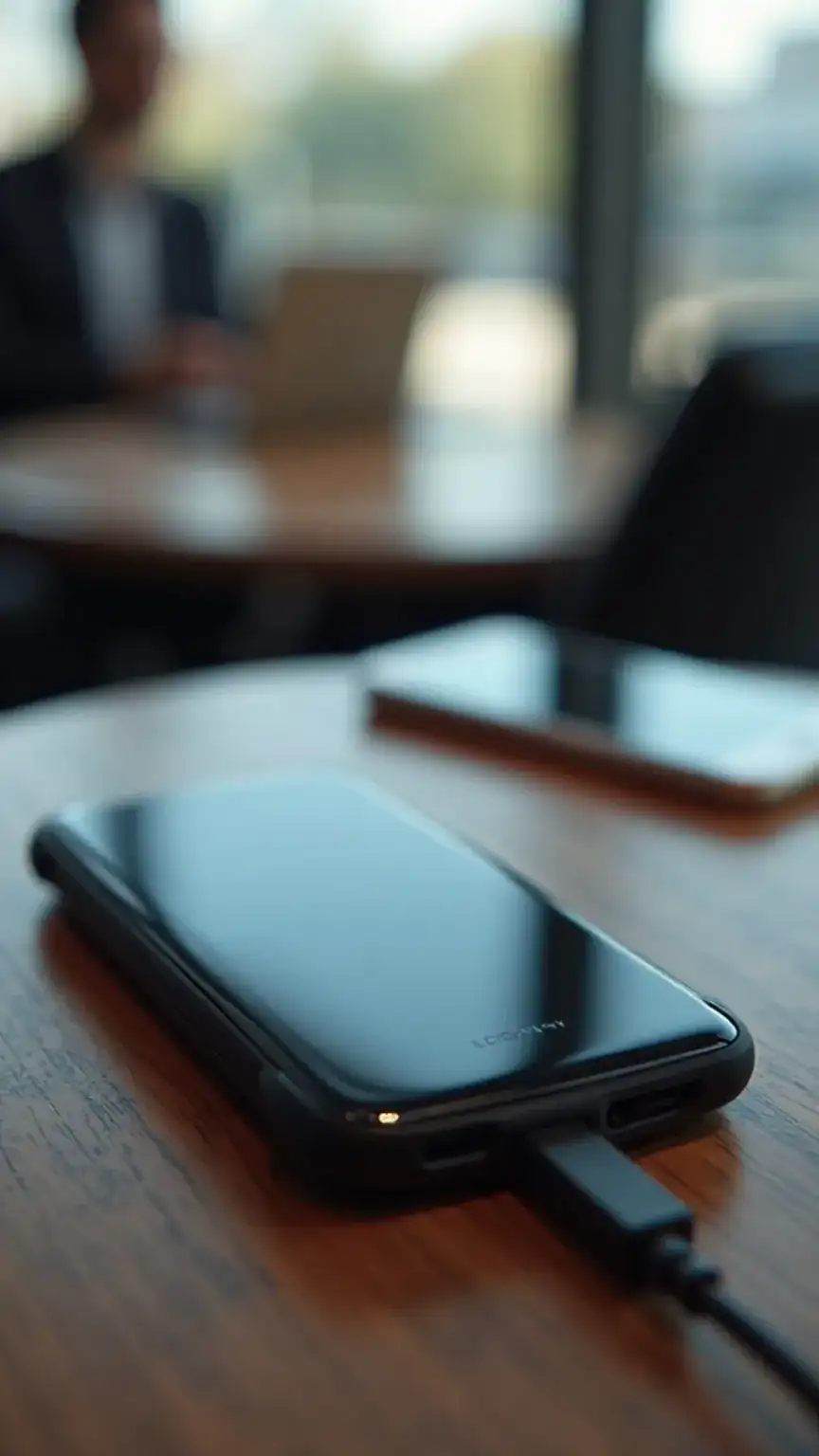 Portable power bank charging a smartphone, a key tech travel accessory for men, essential for staying connected on the go.