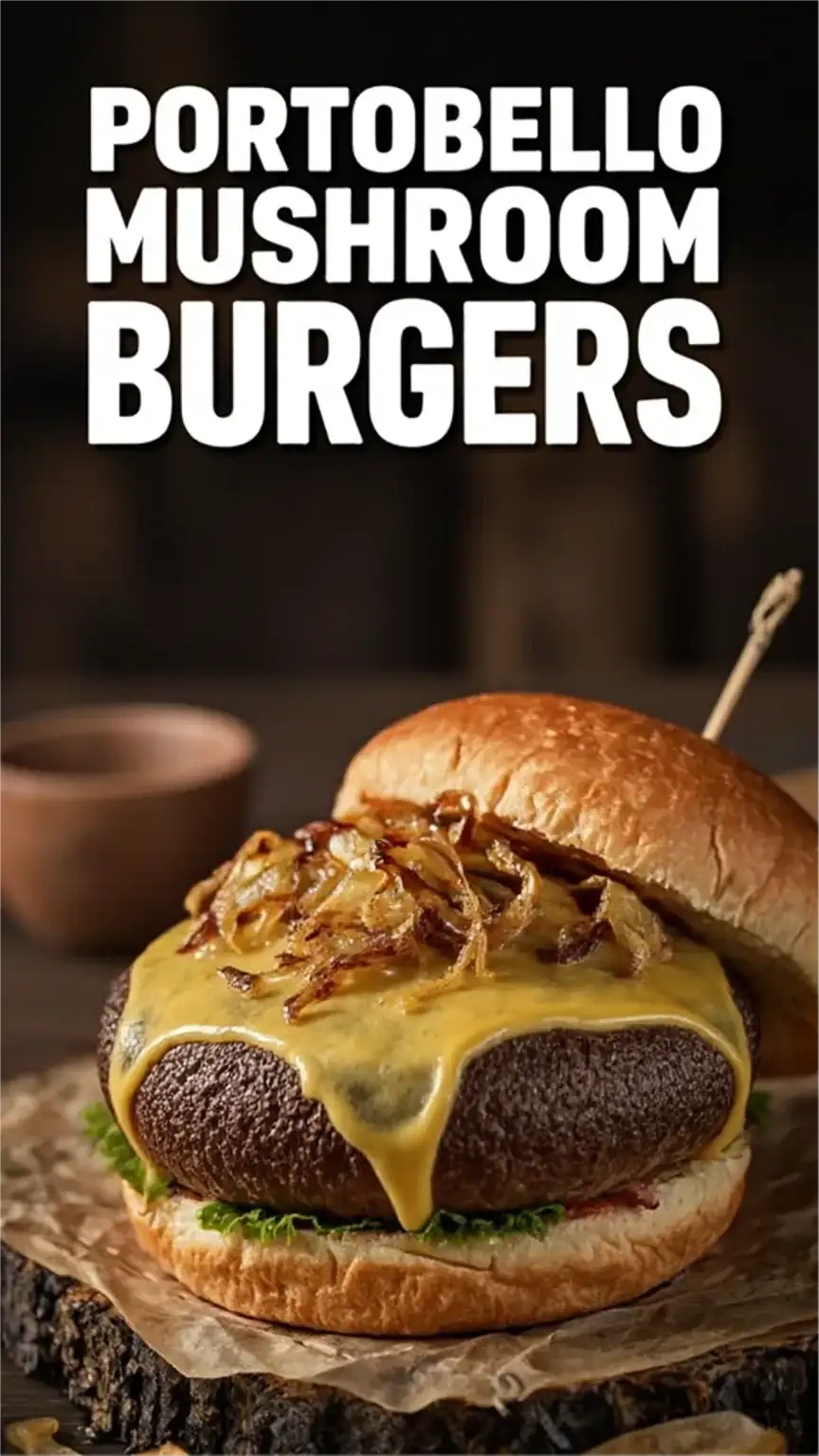 Hearty grilled portobello mushroom burger with caramelized onions and Swiss cheese, a great fall BBQ option for vegetarians.