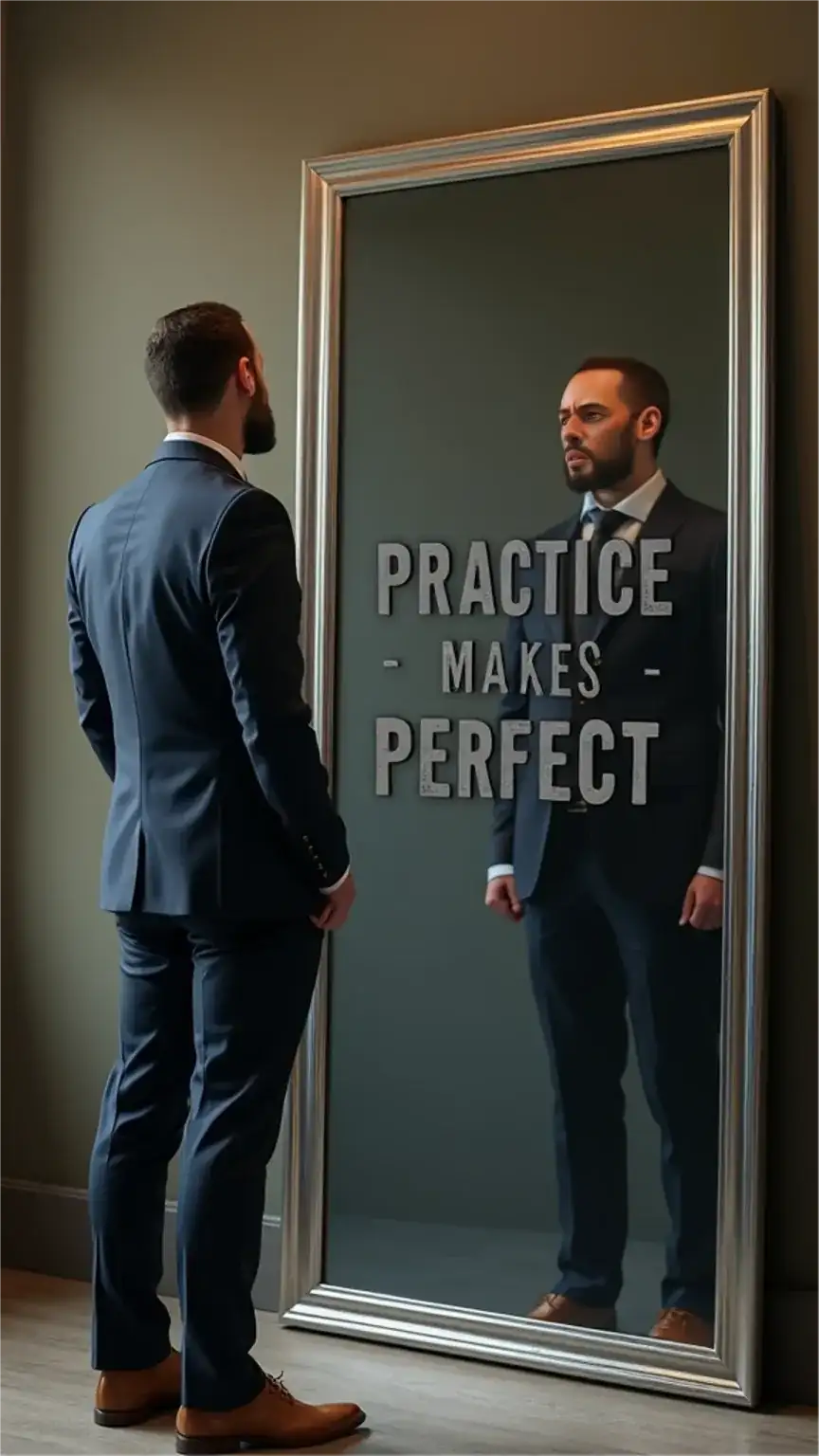 Man practicing his elevator pitch in front of a mirror. Essential networking tips for perfecting your professional introduction.