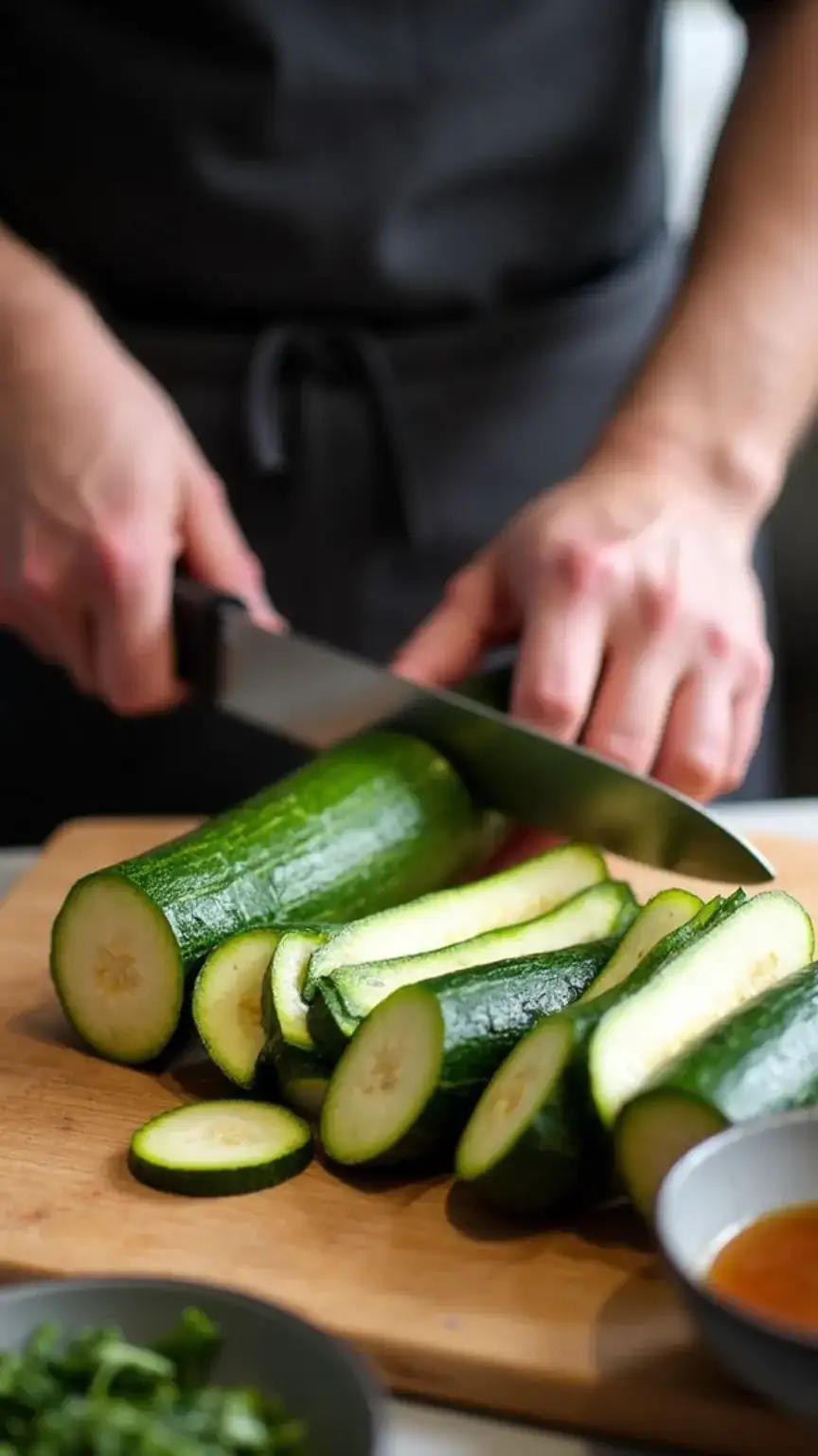 Hands preparing vegetables for grilling by cutting zucchini and showing a marinade bowl, highlighting essential vegetable grilling tips and prep.