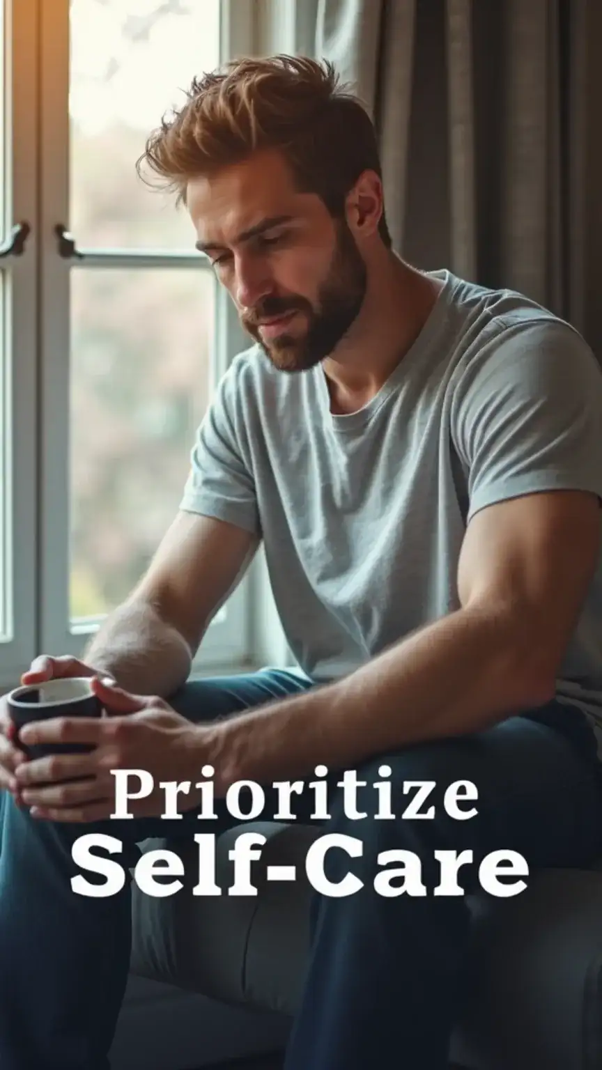 Man prioritizing self-care for mental and physical well-being. Self-reflection and personal growth through rest.