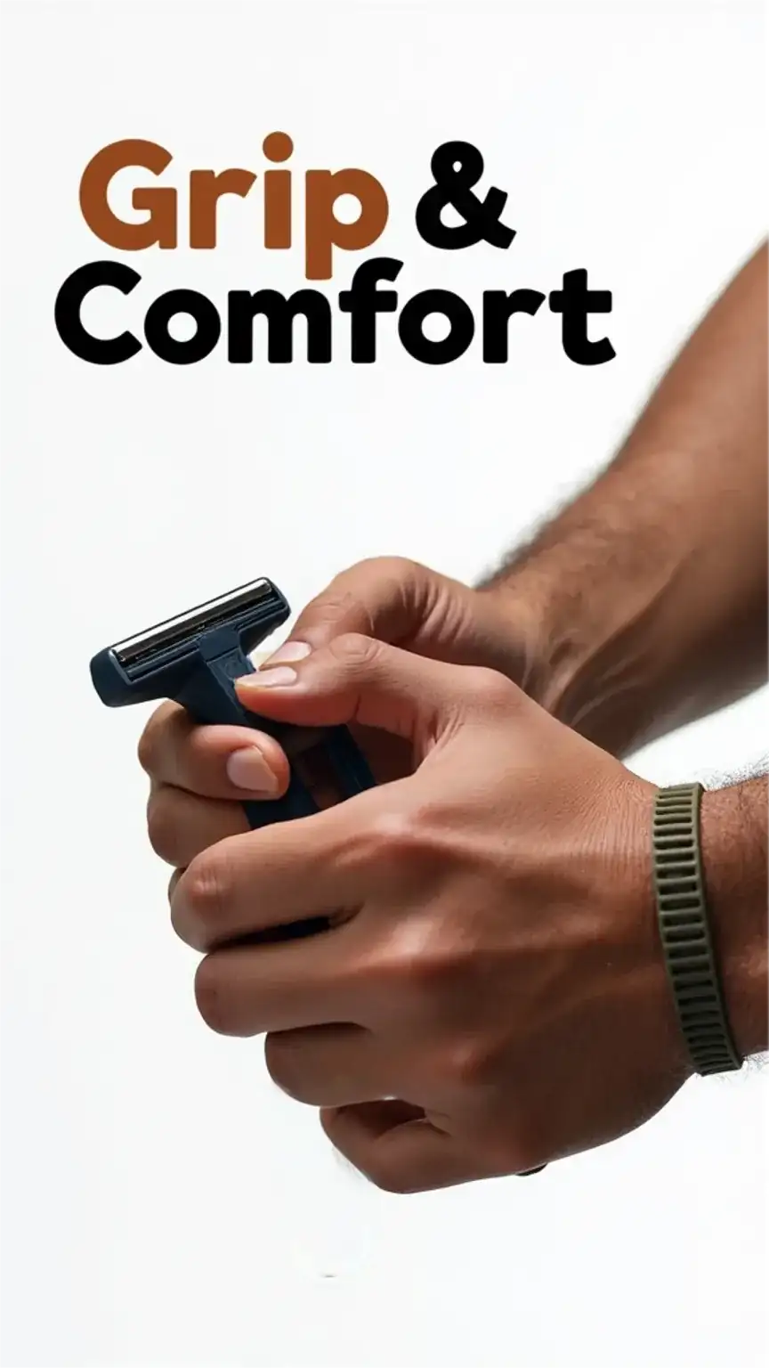Men holding ergonomic razor handles, focusing on grip and comfort. Best razors for men, razor handles, men's shaving comfort, shaving tips.