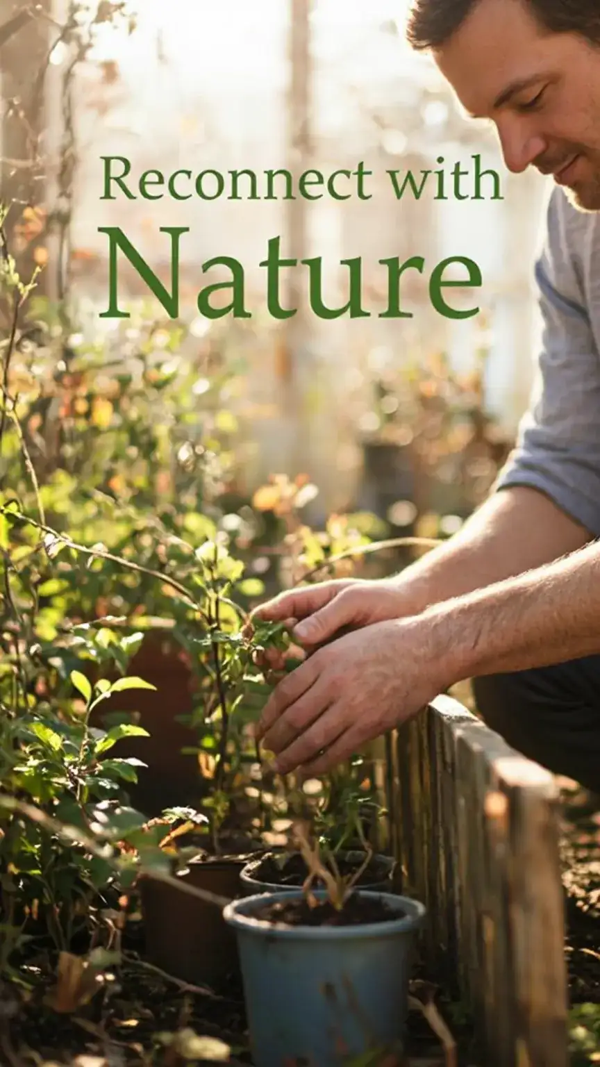 Man gardening or enjoying nature, highlighting outdoor self-care for men and environmental connection.