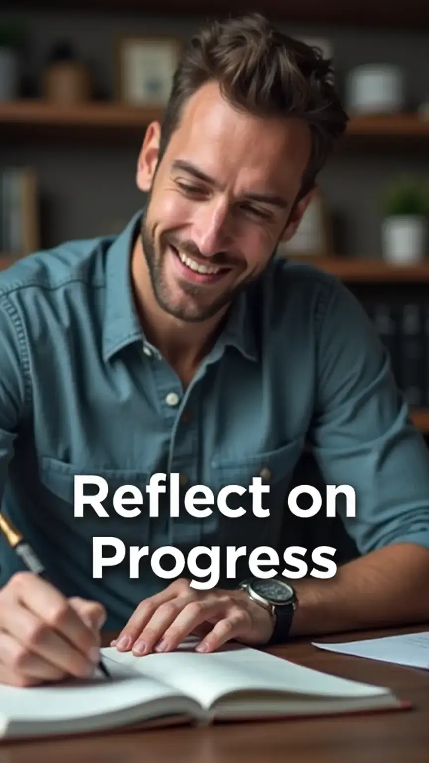 Man reflecting on progress in personal growth journey. Reviewing journal entries for self-improvement and introspection.