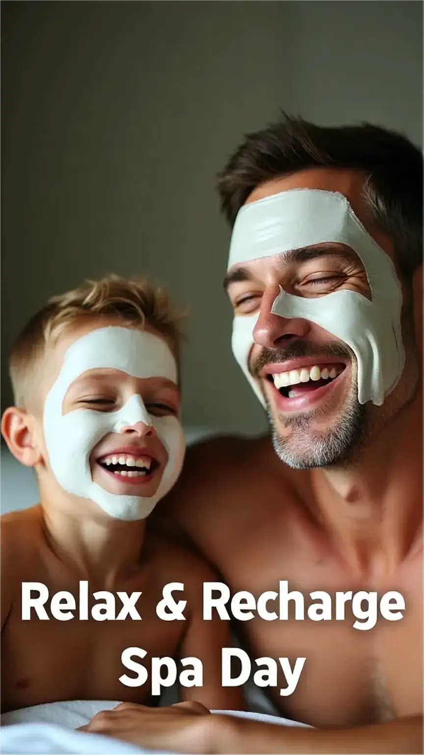 Father and son enjoying a spa day, relaxing activities for bonding, dad and teen pampering, stress relief.