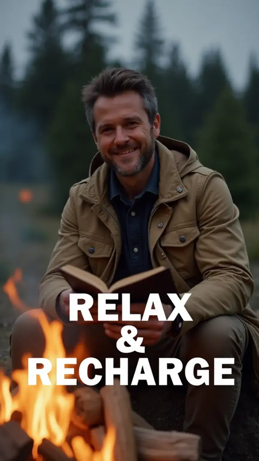 Relaxing weekend getaway, men's relaxation tips, campfire, reading, short getaway planning, men's weekend trips.