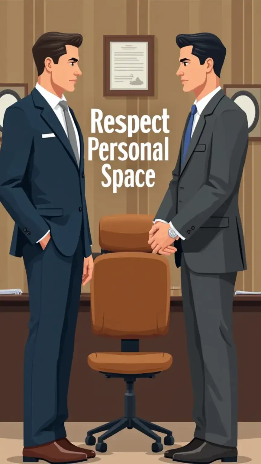 Men respecting personal space, professional interaction, social etiquette, boundaries, respectful communication, professional settings, personal boundaries.