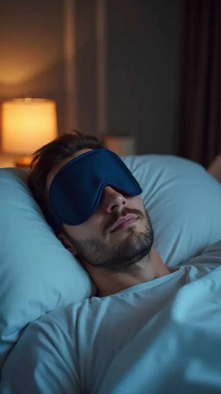 Man resting comfortably in a hotel bed with travel pillow. Getting enough sleep while traveling, travel health, staying fit while traveling.