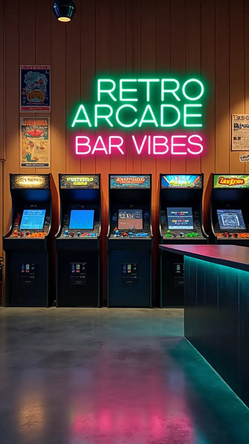 Retro arcade home bar theme with neon lights and vintage game machines. Fun and energetic bar design ideas for a man's entertainment space.
