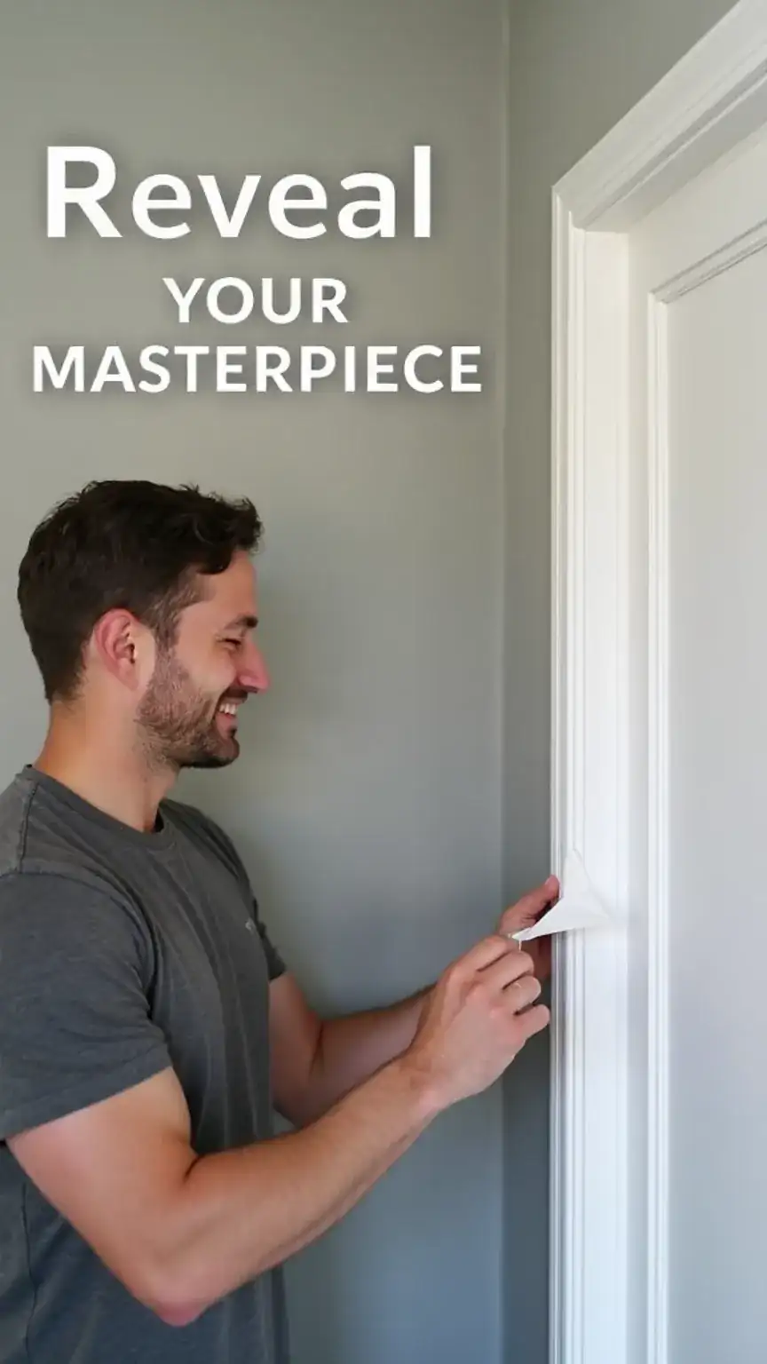 Removing painter's tape after painting for clean edges, DIY painting success, home decor reveal, professional paint job result.