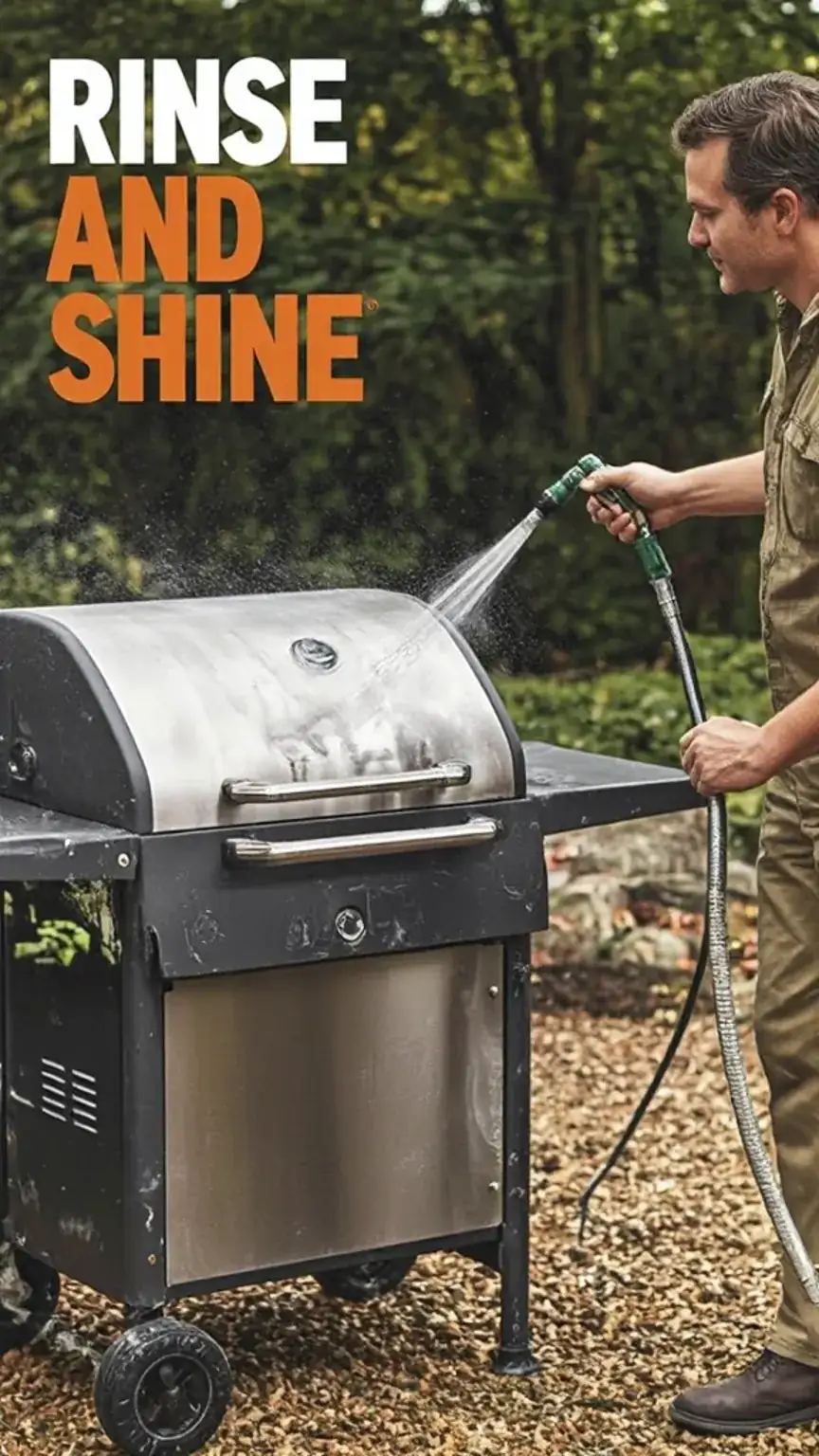 Man rinsing a clean grill with a garden hose, final rinse of BBQ after cleaning, sparkling clean grill, grill maintenance steps.