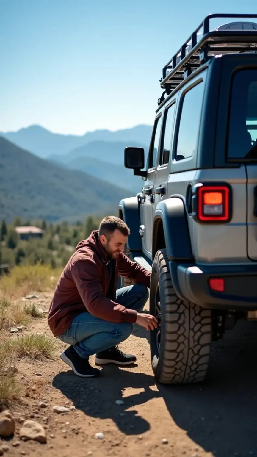Essential road trip tip: checking your vehicle's tires for a safe and smooth journey, emphasizing driving experiences.