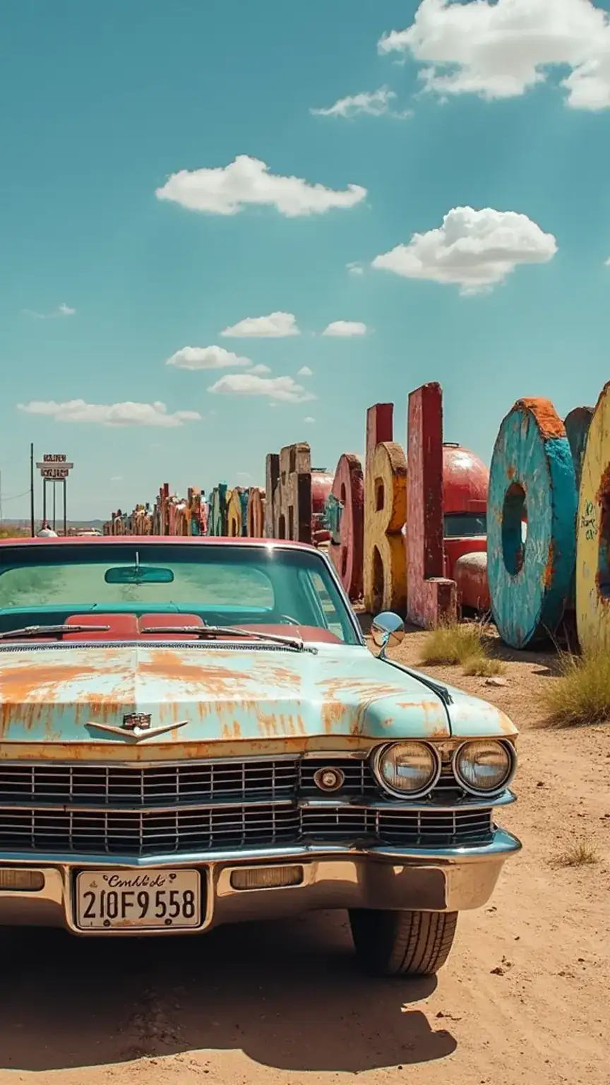 Route 66 iconic landmarks, Cadillac Ranch, Texas road trip, historic US routes, men's road trip ideas, American automotive culture.