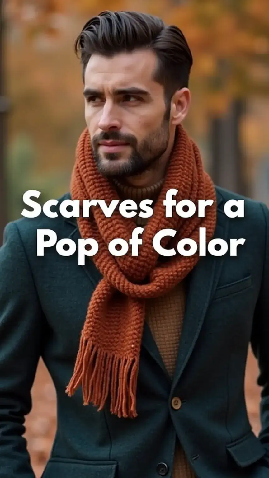 Man wearing a stylish wool scarf in autumnal color. Essential fall accessories men, men's autumn scarves, fashion accessories.