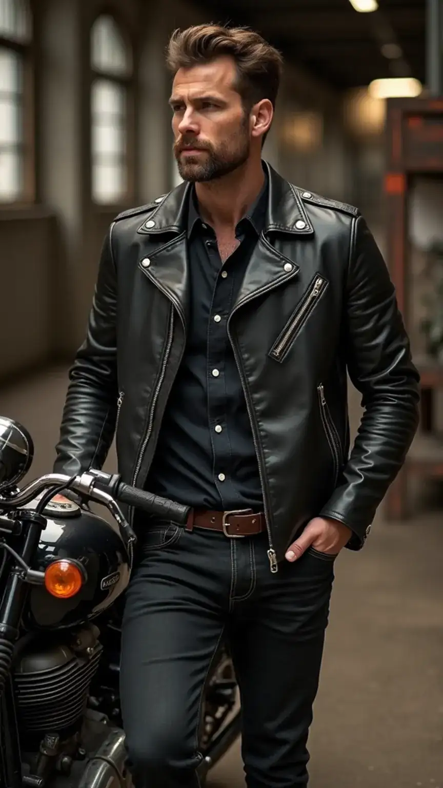 Schott NYC Perfecto leather jacket, a classic biker style for men. Review of the best leather jackets for men, highlighting durability and iconic design.