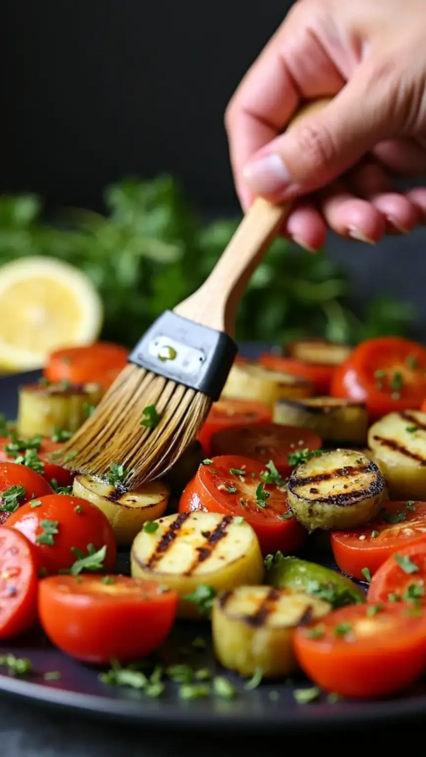 Brushing grilled vegetables with olive oil and herbs for added flavor, a key step in mastering vegetable grilling and enhancing grilled veggies.