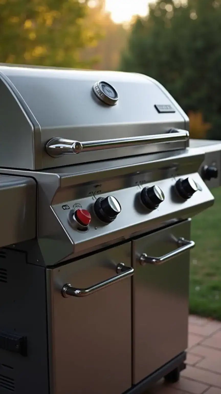 Selecting the right grill and appliances for a BBQ area: high-end stainless steel gas grill. Outdoor cooking equipment, BBQ setup essentials, grilling appliances.