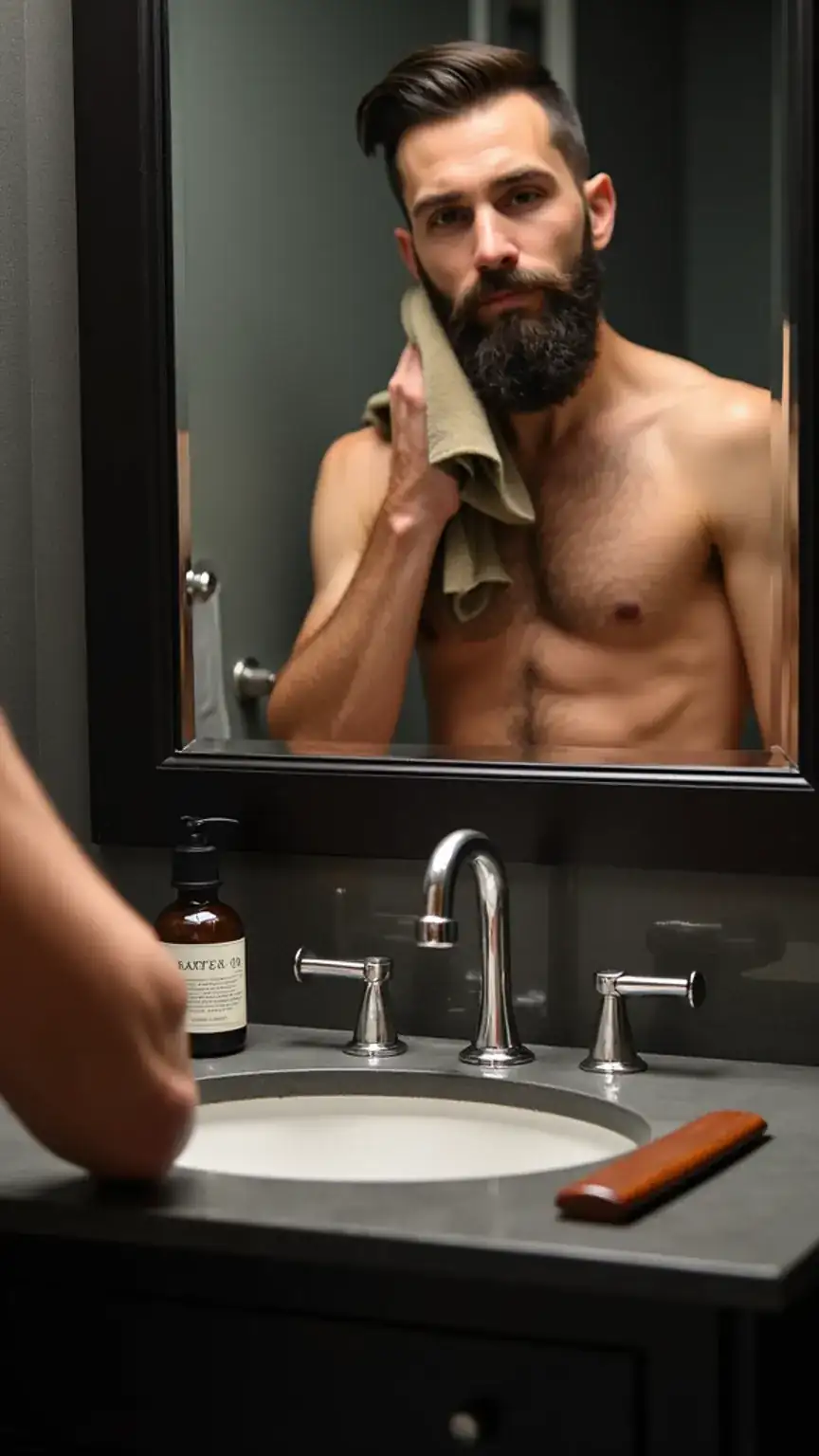 Practicing self-care, beard oil, grooming, physical and mental well-being for men, motivation.