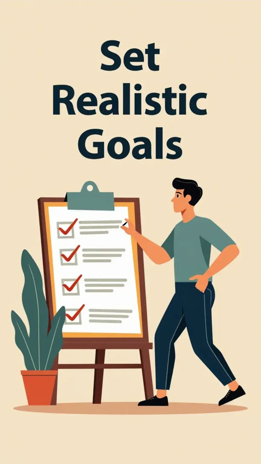 Man setting realistic goals and celebrating small wins for personal growth. Self-reflection tips for achieving potential.