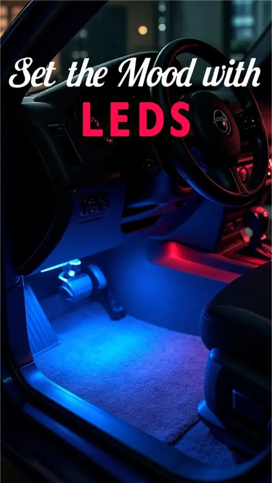 Car interior with LED lighting kit, best car accessories, men's car gadgets, car interior lighting, stylish car accessories, ambient car lights.