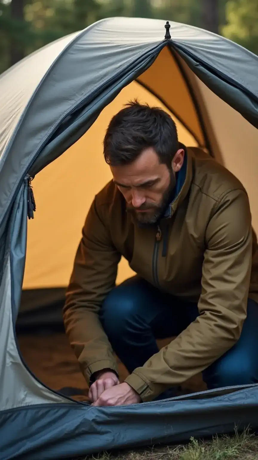 Setting up a durable camping tent, waterproof shelter for outdoor adventures, easy to set up tent, camping essentials for men.
