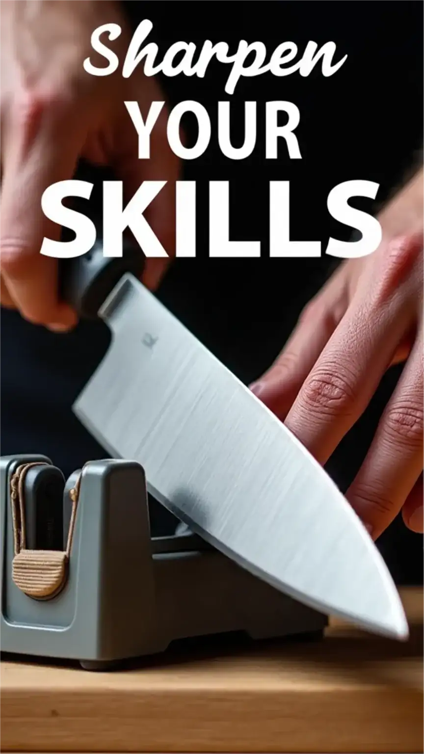 Man sharpening a chef's knife with a kitchen gadget, emphasizing knife skills for busy men and time-saving kitchen tools.