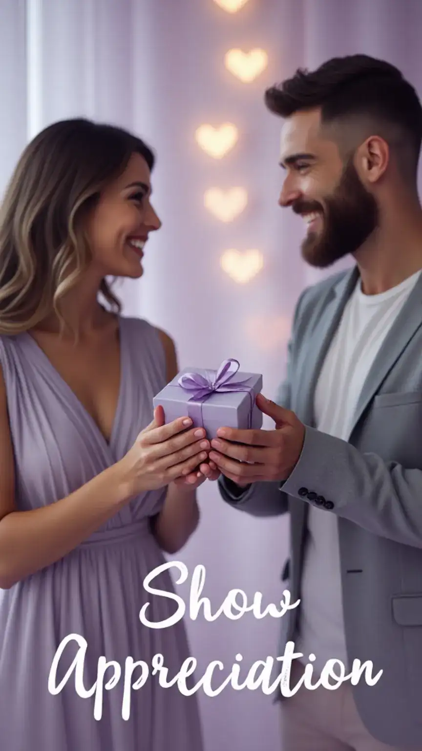 Couple exchanging a gift, illustrating showing appreciation for a man's style and grooming efforts in a relationship.
