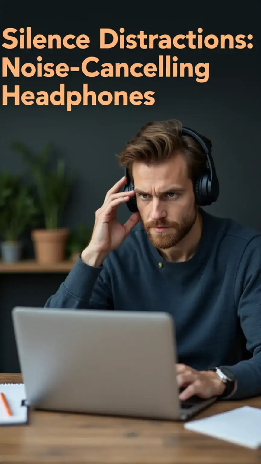 Man using noise-cancelling headphones in his home office for better concentration. Essential tech for productive work from home. Noise cancelling headphones for office.