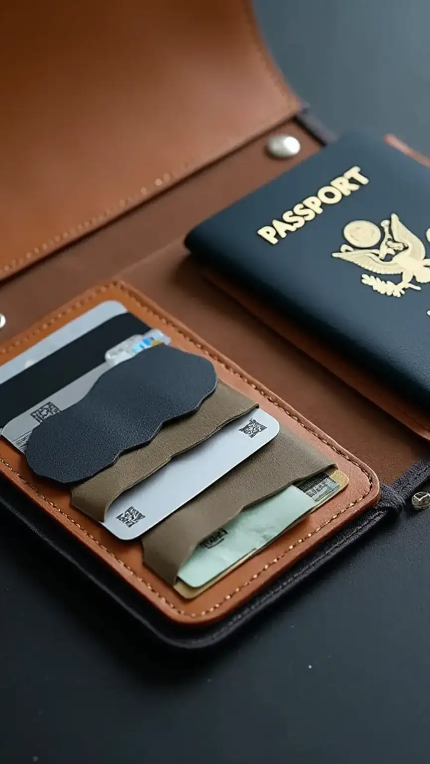 Secure travel wallet for men, perfect for organizing passports, cash, and credit cards during trips.