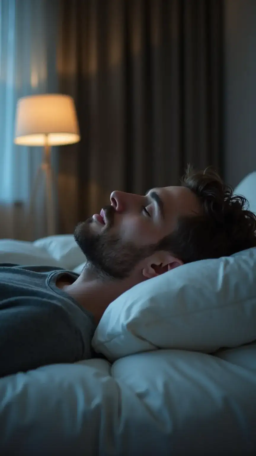 Man sleeping peacefully, highlighting the importance of sleep for muscle recovery and growth in strength training for men over 40, aging and fitness.
