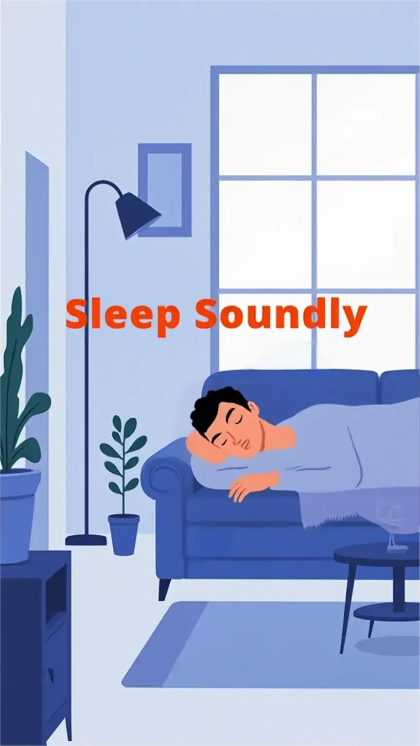 Peaceful home environment: Man relaxing in a secure living room. Home safety and comfort, well-being, stress-free living.