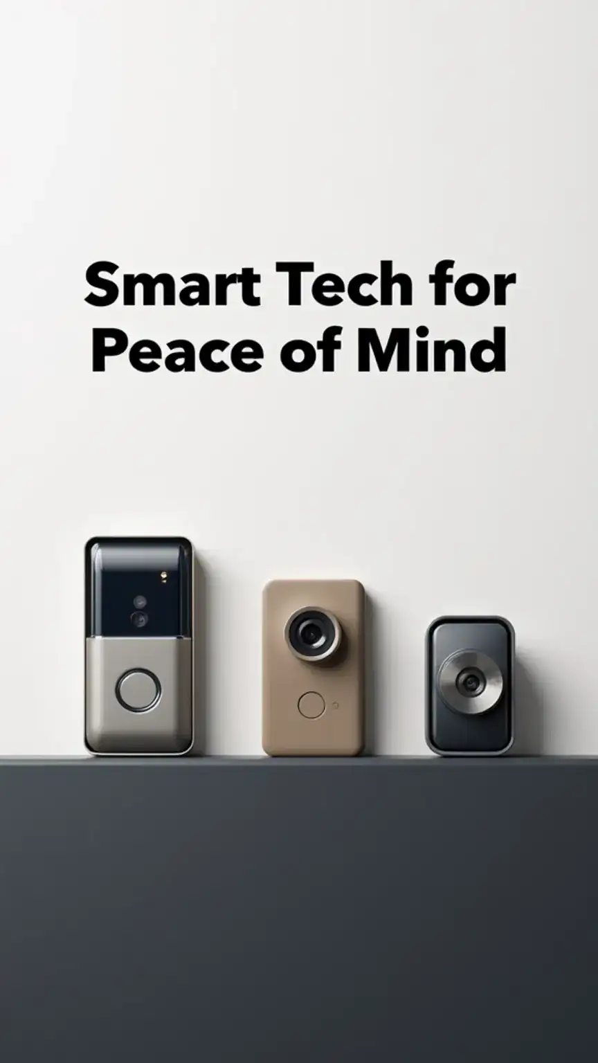 Collection of smart security devices including a smart doorbell, security camera, and smart lock, emphasizing smart home safety and security systems.