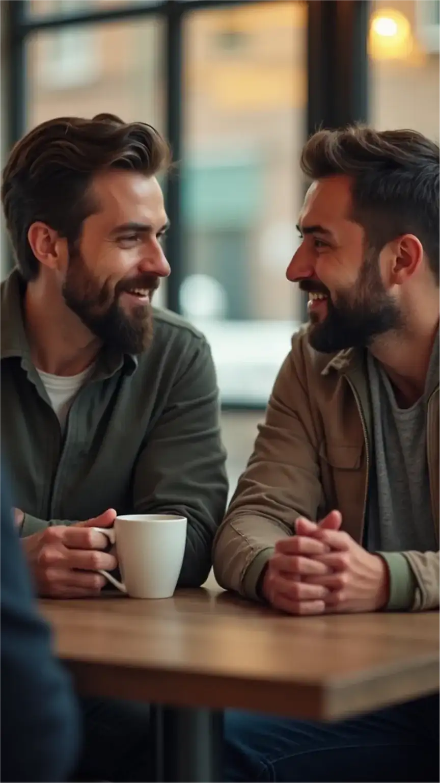 Social connection and support for men's mental health. Friends discussing to manage stress and anxiety. Keywords: social support, men's mental health, anxiety help, communication, building resilience.