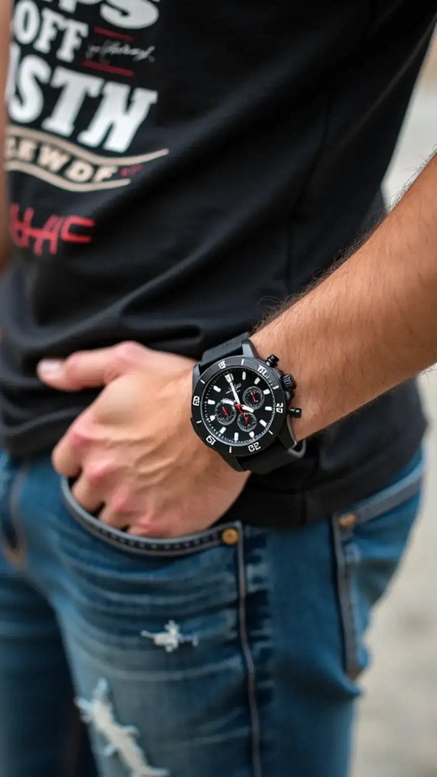 Sporty chronograph watch styling for men, men's weekend wear, watch with silicone strap, casual men's fashion, men's watch style trends.
