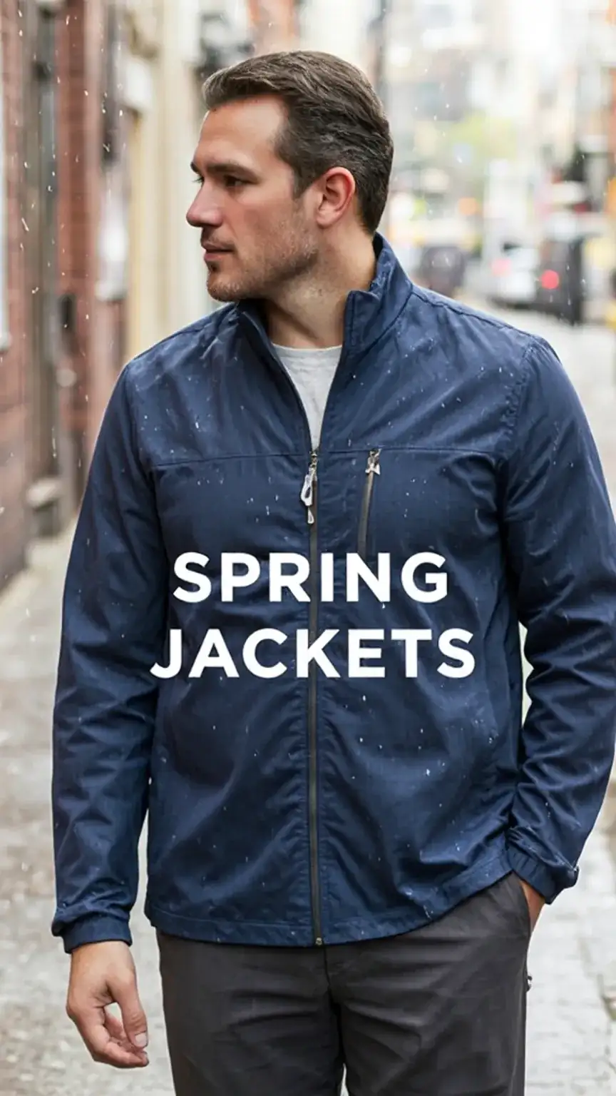 Man wearing a lightweight, water-resistant jacket for spring, featuring men's outerwear and seasonal jackets.