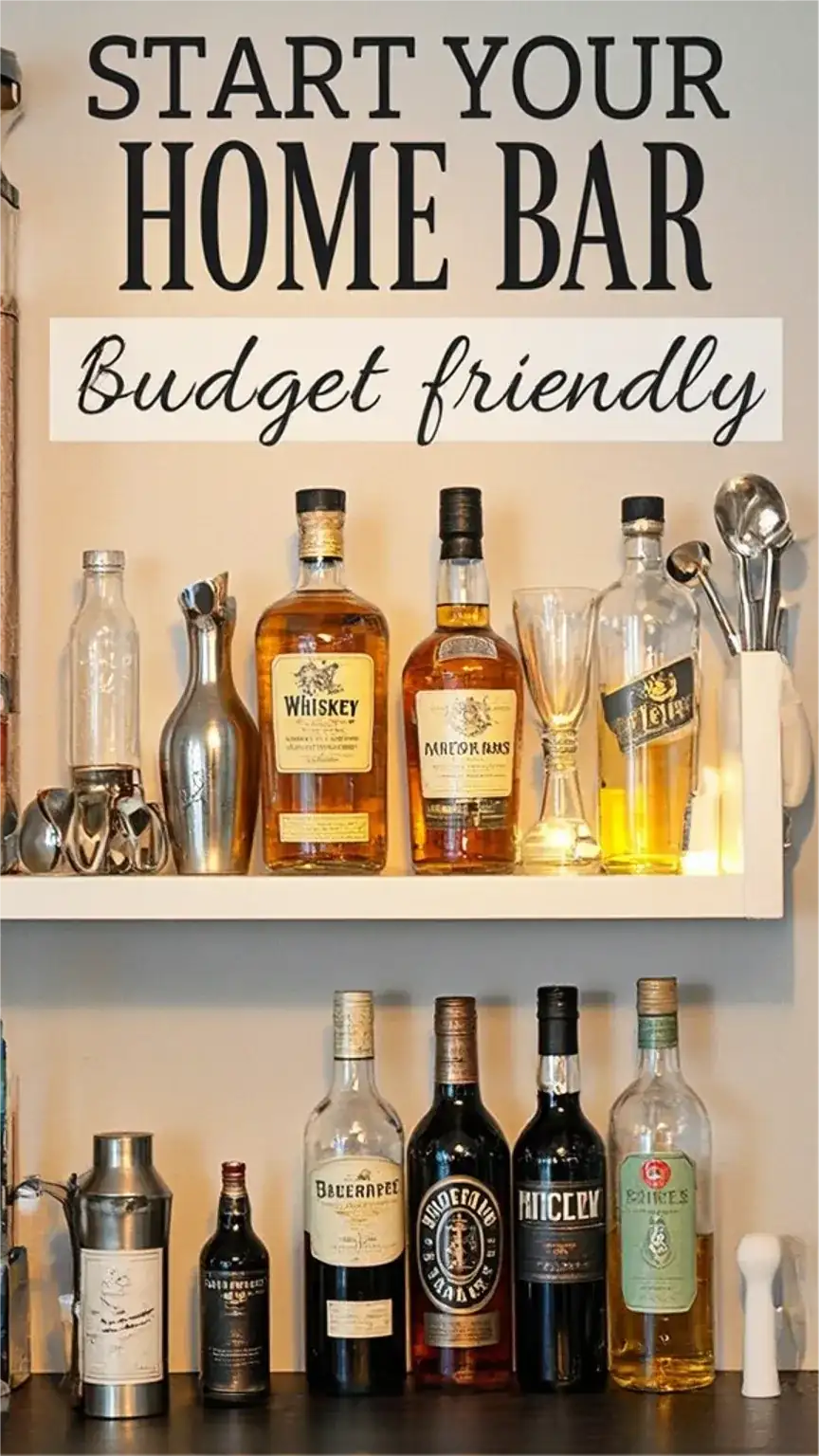 Budget home bar essentials for guys, featuring spirits and bar tools. Learn how to create a home bar setup without spending a lot of money, affordable bar essentials.